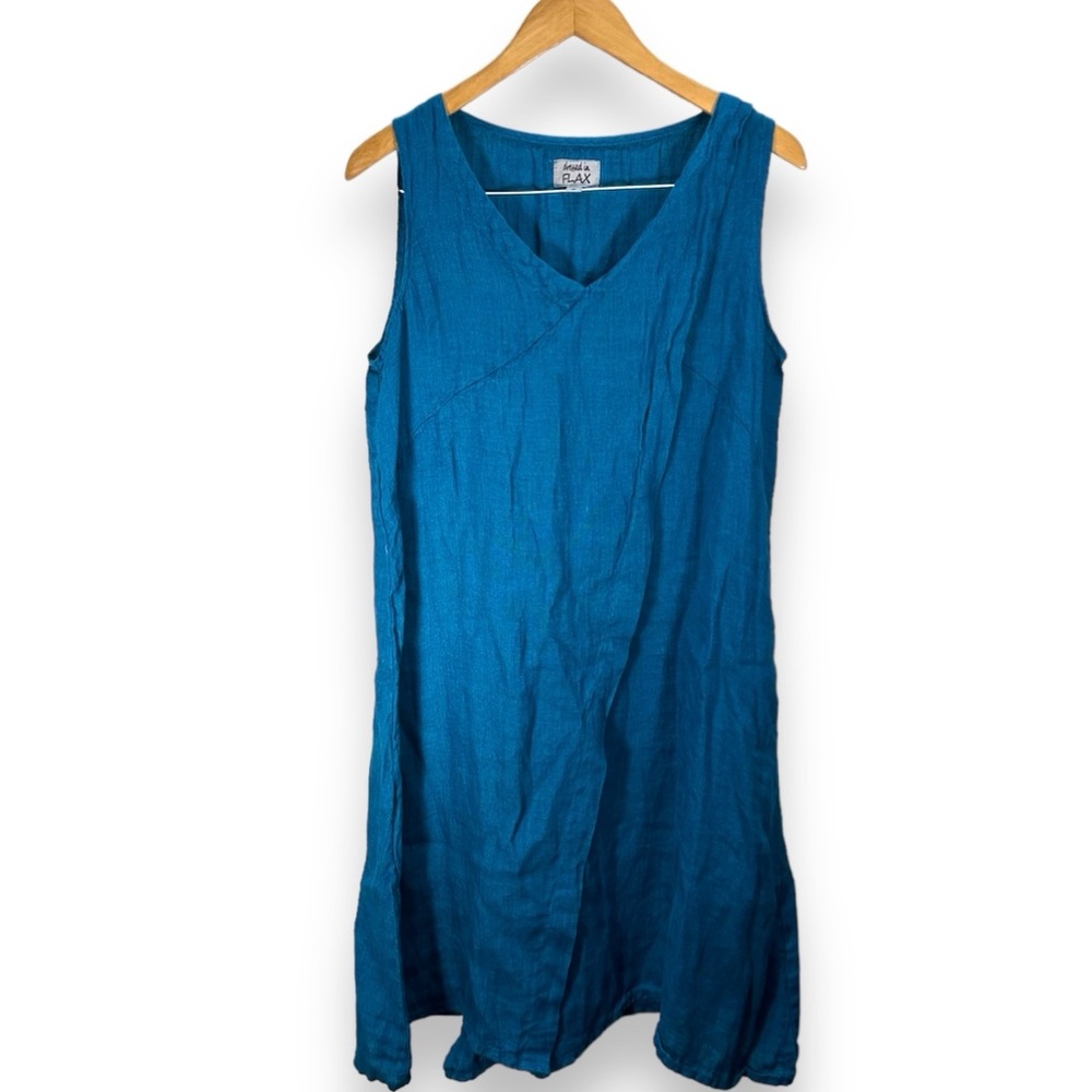 Flax Teal Blue Linen Sleeveless Faux Wrap Knee Length Dress Size Small